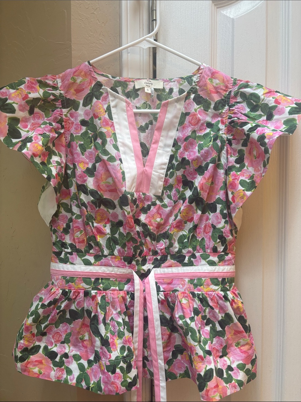 entro Pink Floral Peplum Blouse with Green Leaf Print